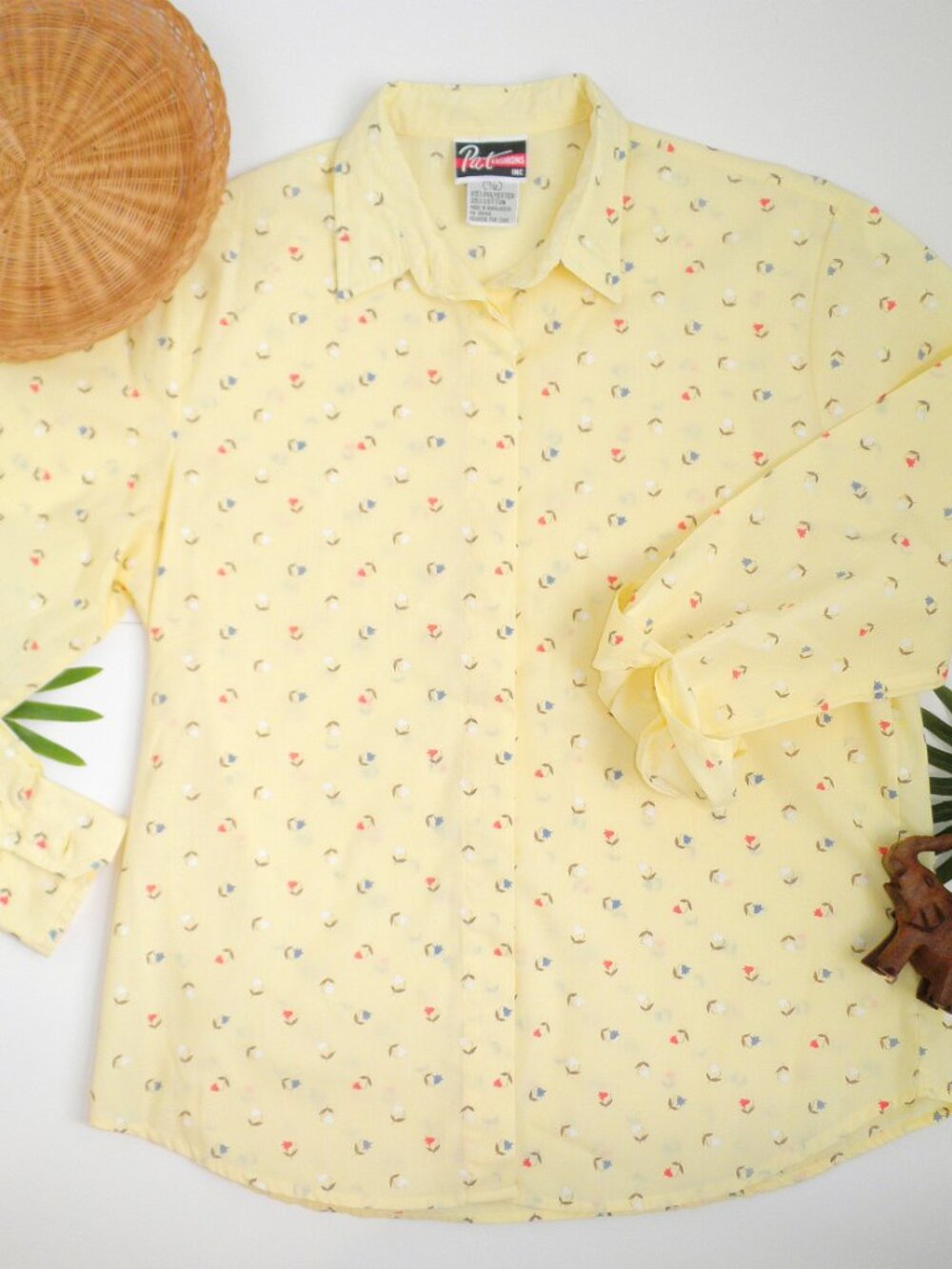 Vintage 1980s Butter Yellow Tulips Ditsy Floral Button Down Blouse Shirt 80's L - Picture 5 of 8